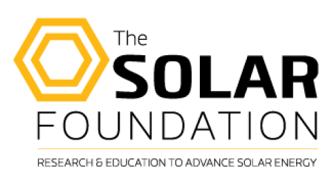 The Solar Foundation in black text with a yellow orange double honeycomb icon in the top right. At the bottom in fine print RESEARCH & EDUCATION TO ADVANCE SOLAR ENERGY
